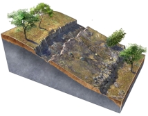 <strong>What type of slope failure is shown in this figure? </strong> A)rotational slide B)creep C)debris slide D)debris flow E)rock fall