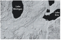 <strong>What is the origin of smooth troughs (T on this figure)cutting across the landscape in the Great Lakes area? </strong> A)the areas were covered by soft marine sediments B)a huge flood coming from Iowa flowed toward the Great Lakes C)glaciers carved the smooth troughs D)all of these
