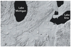 <strong>What is the origin of curved ridges (R on this figure)in the Great Lakes area? </strong> A)folds produced during a continental collision B)paths of ancient rivers C)piles of sediment deposited by retreating glaciers D)remnants of a meteoroid impact