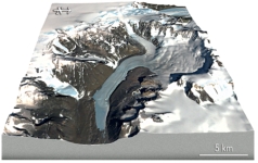 <strong>What type of glacier is shown in the center of this image? </strong> A)ribbon glacier B)valley glacier C)low-elevation glacier D)high-elevation glacier