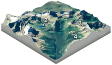 <strong>Which feature on this diagram is a cirque? </strong> A)1,the circular depression at the head of the valley B)2,a lake in the upper valley C)3,a steep ridge D)4,a valley that is above the level of the main valley