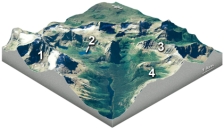 <strong>Which feature on this diagram is an arête? </strong> A)1,the circular depression at the head of the valley B)2,a lake in the upper valley C)3,a steep ridge D)4,a valley that is above the level of the main valley