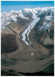 <strong>Which of the numbered features is a lateral moraine </strong> A)1 B)2 C)3 D)1 and 3