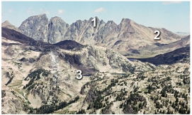 <strong>Which numbered feature(s)on this photograph are consistent with the presence of glaciers sometime in the past? </strong> A)1,an arête B)2,U-shaped valley C)3,tarn D)all of these