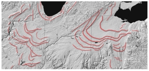 <strong>What do the curved ridges shown on this diagram record? </strong> A)ancient shoreline from the Great Lakes B)folds formed by a continental collision C)large fissures that formed within glacier and filled with wind-blown dust D)past positions of the front of a glacier as it retreated