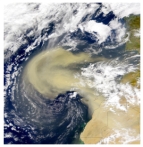 <strong>Dust storms,like the one shown in this satellite image near North Africa,can transport dust over maximum distances of: </strong> A)10 kilometers B)50 to 90 kilometers C)100 kilometers because of the Coriolis effect D)several hundred kilometers E)thousands of kilometers