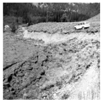 <strong>The fault scarp in this photograph apparently formed: </strong> A)when an earthquake rupture offset the surface B)when the area beneath the car was dropped down relative to the area to the left C)more than 50 million years ago D)when material on the left was compacted E)all of these