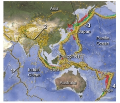 <strong>On this map of southeastern Asia and adjacent areas,which site would have earthquakes along a mid-ocean ridge? </strong> A)1,in the Indian Ocean B)2,in Tibet C)3,near Japan D)4,near the Tonga island arc