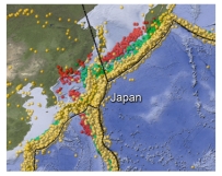 <strong>On this map of earthquakes near Japan,why do shallow earthquakes occur to the east and deeper earthquakes occur to the west? </strong> A)the continental crust is thicker to the east B)the crust is hotter near Japan,closer to the volcanoes C)there is a continental collision to the east D)the subduction zone dips to the west