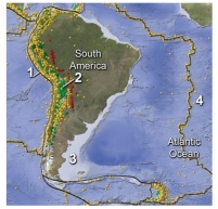 <strong>On this map of South America and adjacent areas,which site would have earthquakes along a subduction zone? </strong> A)1,the oceanic trench B)2,below the magmatic belt C)3,along a passive margin D)4,in the middle of the Atlantic Ocean E)both 1 and 2