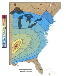 <strong>The Modified Mercalli Intensity rating map on the right shows intensity values that range from more than X to less than III.What does this map show? </strong> A)this earthquake had a Richter magnitude of 10 or 11 near the source B)this earthquake had a Richter magnitude of 3 or 6 along the East Coast C)the earthquake was not felt in southern Florida D)shaking was felt only very near to the earthquake E)building damage occurred in all of the zones that are shaded on this map