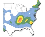 <strong>The shaded areas on this map have significant earthquake risks because: </strong> A)the area is near an active plate boundary B)the area is over a subduction zone C)there are many active strike-slip faults D)stress generated on far-off plate boundaries can reactivate ancient faults