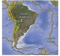 <strong>On this map of South America and adjacent areas,which site would most likely generate a tsunami? </strong> A)1,the oceanic trench B)2,below the magmatic belt C)3,along a passive margin D)4,in the middle of the Atlantic Ocean