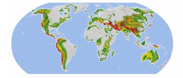 <strong>In the map to the right,areas of significant earthquake risk are shaded.Most high risk areas will be located: </strong> A)next to the oceans B)in mountainous areas C)near a boundary between tectonic plates D)near volcanoes E)in the center of continents