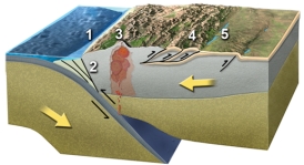 <strong>Which of these numbered features is a fold and thrust belt? </strong> A)1 B)2 C)3 D)4 E)5