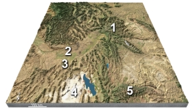 <strong>Which feature is interpreted to be in the Yellowstone region (1)? </strong> A)a continental collision B)a meteorite impact C)a continental hot spot D)a foreland basin