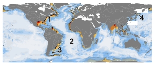<strong>Which of these numbers is near a site with active seafloor spreading? </strong> A)1 B)2 C)3 D)4 E)none of these