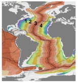 <strong>This figure shows ages of seafloor.Which pair of numbers likely has crust of similar age? </strong> A)1 and 2 B)1 and 3 C)2 and 3 D)2 and 4 E)3 and 4