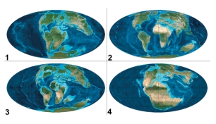 <strong>These globes show the position of the continents and ocean basins at various times in the past.Which of these represents the youngest time? </strong> A)1 B)2 C)3 D)4