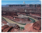<strong>Which numbered layer in this photograph represents the youngest layer? </strong> A)1 B)2 C)3 D)4