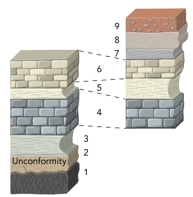 <strong>This figure shows two sections that partially overlap in age.Dashed lines show how the two sections correlate.What can you conclude from these correlations? </strong> A)the oldest unit is unit 4 B)the youngest unit is unit 6 C)the rate at which unit 5 was deposited was constant across the area D)the left section represents older rocks than the right section E)none of these