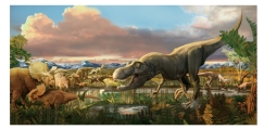 <strong>What time period is represented by this scene? </strong> A)Mesozoic B)Cenozoic C)Precambrian D)Paleozoic
