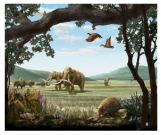 <strong>What time period is represented by this scene? </strong> A)Mesozoic B)Cenozoic C)Precambrian D)Paleozoic
