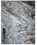 This rock is a black and white banded rock with coarse crystals of biotite,quartz,and garnet.Foliation is associated with the folds.What is the correct name for this rock?