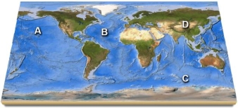 <strong>On this map,identify which letter is over the Pacific Ocean.  </strong> A)A B)B C)C D)D E)feature is not labeled <div style=padding-top: 35px> 