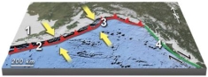 <strong>This figure shows plate boundaries south of Alaska.Which location is likely to contain volcanoes above a subduction zone?  </strong> A)1 B)2 C)3 D)4 E)2 and 3 <div style=padding-top: 35px> 