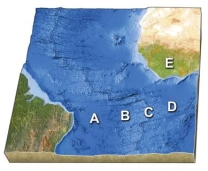 <strong>On the accompanying figure,which letter is over the oldest oceanic crust?  </strong> A)A B)B C)C D)D E)E <div style=padding-top: 35px> 