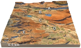 <strong>Which of the features labeled on the accompanying figure was discussed as a possible source of earthquakes? </strong> A)the cliff at A B)the volcano at B C)pumping of the oil field at C D)shaking during large floods at D E)landslides off the mountains at E