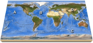 <strong>On this map, identify which letter is over the Atlantic ocean. </strong> A) A B) B C) C D) D E) feature is not labeled