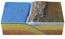 <strong>This figure depicts what type of boundary? </strong> A) oceanic divergent boundary B) ocean-ocean convergent boundary C) ocean-continent convergent boundary D) transform boundary E) continental collision
