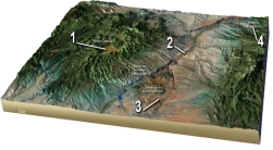 <strong>Which numbered feature on this figure formed by an explosive pyroclastic eruption? </strong> A) Location 1, the Valles Caldera B) Location 2, dark basalt flows along the Rio Grande C) Location 3, the dark, basaltic volcanoes D) Location 4, pegmatite in the northeastern part of the area