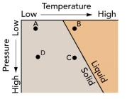 <strong>How could a rock at point C be melted? </strong> A) increase in temperature B) decrease in pressure C) increase in temperature accompanied by a decrease in pressure D) all of these