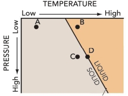<strong>Use this graph that relates temperature and pressure to answer this question. What is required if a rock in position B moves to position A on the graph? </strong> A) Temperature would have to decrease. B) Temperature and pressure would have to increase. C) Temperature would have to increase and pressure decrease. D) Temperature would have to decrease and pressure increase.