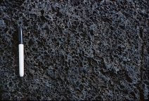 <strong>What type of basaltic feature is shown in this photograph? </strong> A) vesicles B) volcanic bomb C) aa lava flow D) pahoehoe lava flow E) pyroclastic flow