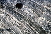 <strong>What type of metamorphic feature is shown in this photograph? </strong> A) cleavage in slate B) hornfels C) foliation in banded gneiss D) thrust fault