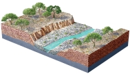 <strong>The highest surface on this figure is a river terrace. This terrace: </strong> A) is older than the modern river channel B) formed sometime in the past C) predates erosion down to the present level D) all of these