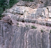 <strong>If the contact between the upper light-colored sedimentary layers and the lower dark-colored metamorphic rocks is a depositional contact, what type of feature is present? </strong> A) a surface representing missing geologic time B) an angular unconformity C) an ancient erosion surface D) all of these