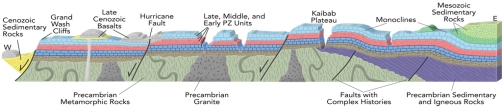 From this cross section of the Grand Canyon, what occurred between the formation of the Precambrian metamorphic rocks and the deposition of the lowest Paleozoic rocks?