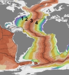 <strong>This figure shows ages of seafloor. Which of the numbered sites is on the deepest seafloor, based on its position? </strong> A) 1 B) 2 C) 3 D) 4