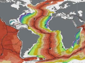 <strong>On the map shown, R has the youngest oceanic crust because: </strong> A) it is at a spreading center B) it is at a passive margin C) it is at a trench