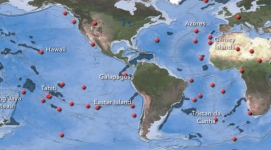 <strong>The red dots that coincide with volcanically active island chains shown on the map are called: </strong> A) hot spots B) mid-ocean ridges C) abyssal plains D) island arcs