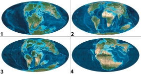 <strong>These globes show the position of the continents and ocean basins at various times in the past. What is the correct order of these globes, from oldest to youngest? </strong> A) 1, 2, 3, 4 B) 1, 4, 3, 2 C) 4, 3, 2, 1 D) 4, 3, 1, 2 E) 4, 1, 3, 2
