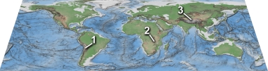 <strong>Which of these regions is high because of subduction of an oceanic plate? </strong> A) 1, Andes of South America B) 2, East Africa C) 3, Tibet D) none of these