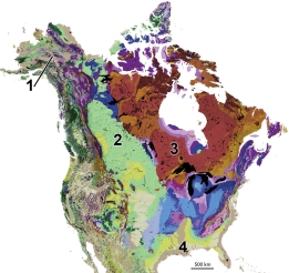 Which numbered area on this geologic map of North America would contain the oldest rocks exposed at the surface?  