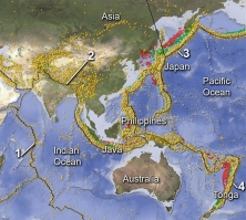 <strong>On this map of southeastern Asia and adjacent areas, which site would have earthquakes along a subduction zone? </strong> A) 1, in the Indian Ocean B) 2, in Tibet C) 3, near Japan D) 4, near the Tonga island arc E) 3 and 4