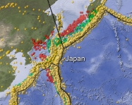 <strong>On this map of earthquakes near Japan, why do shallow earthquakes occur to the east and deeper earthquakes occur to the west? </strong> A) the continental crust is thicker to the east B) the crust is hotter near Japan, closer to the volcanoes C) there is a continental collision to the east D) the subduction zone dips to the west